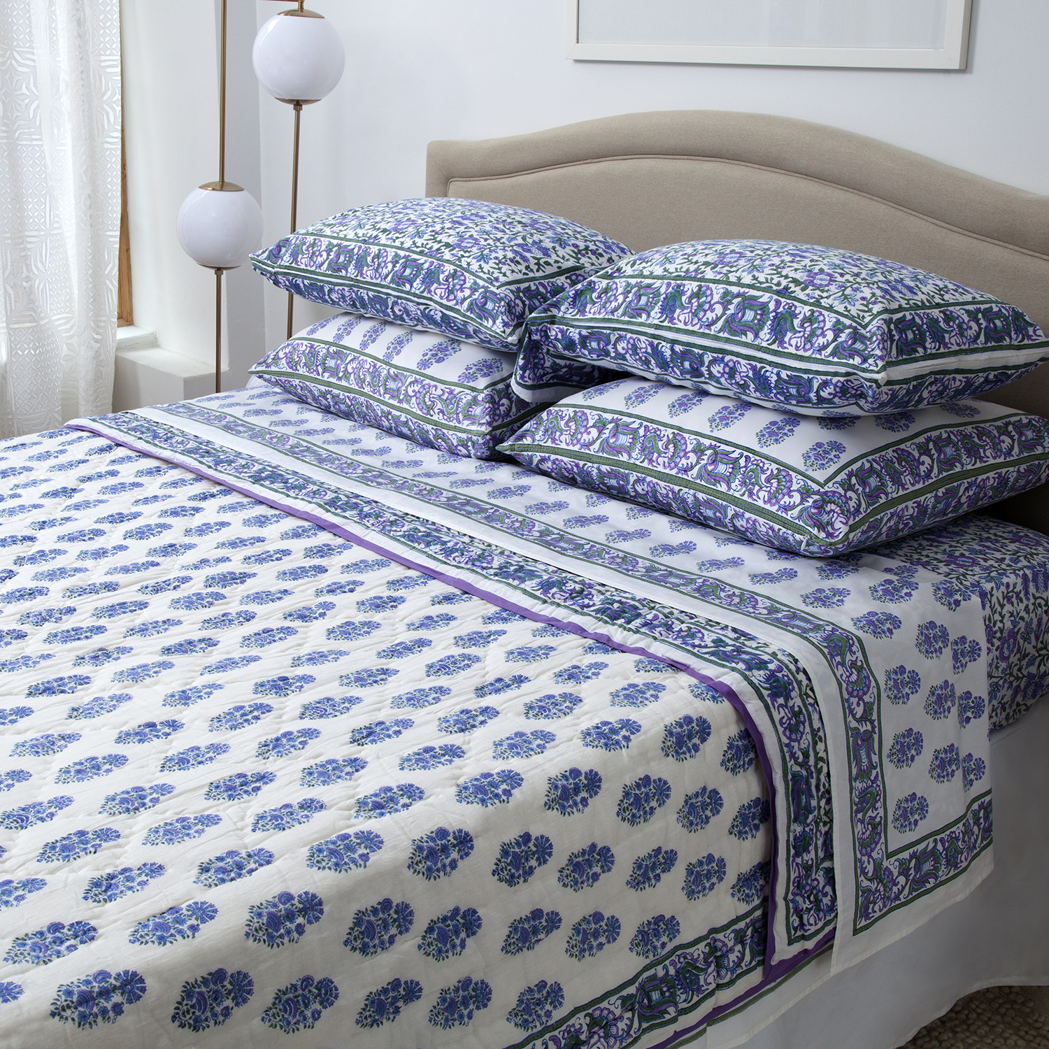 Hand Block Printed Bed Cover Cotton White Queen Bed Sheet Indian Bedspread Set 