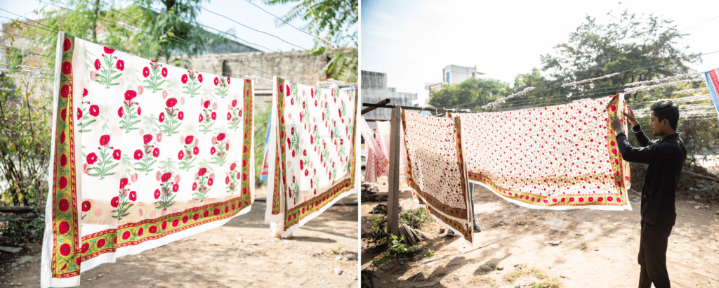 After washing, the fabrics are dried naturally under the bright Indian sunshine, creating subtle variations in the prints' hues as the light changes.