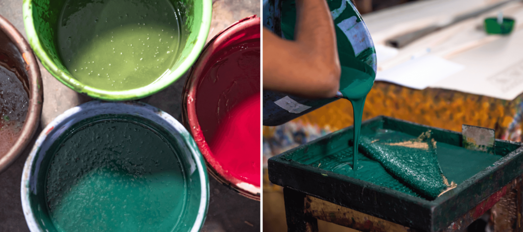 both natural plant dyes and commercial dyes in vibrant colors meant to show how color is incorporated in the block printing process.