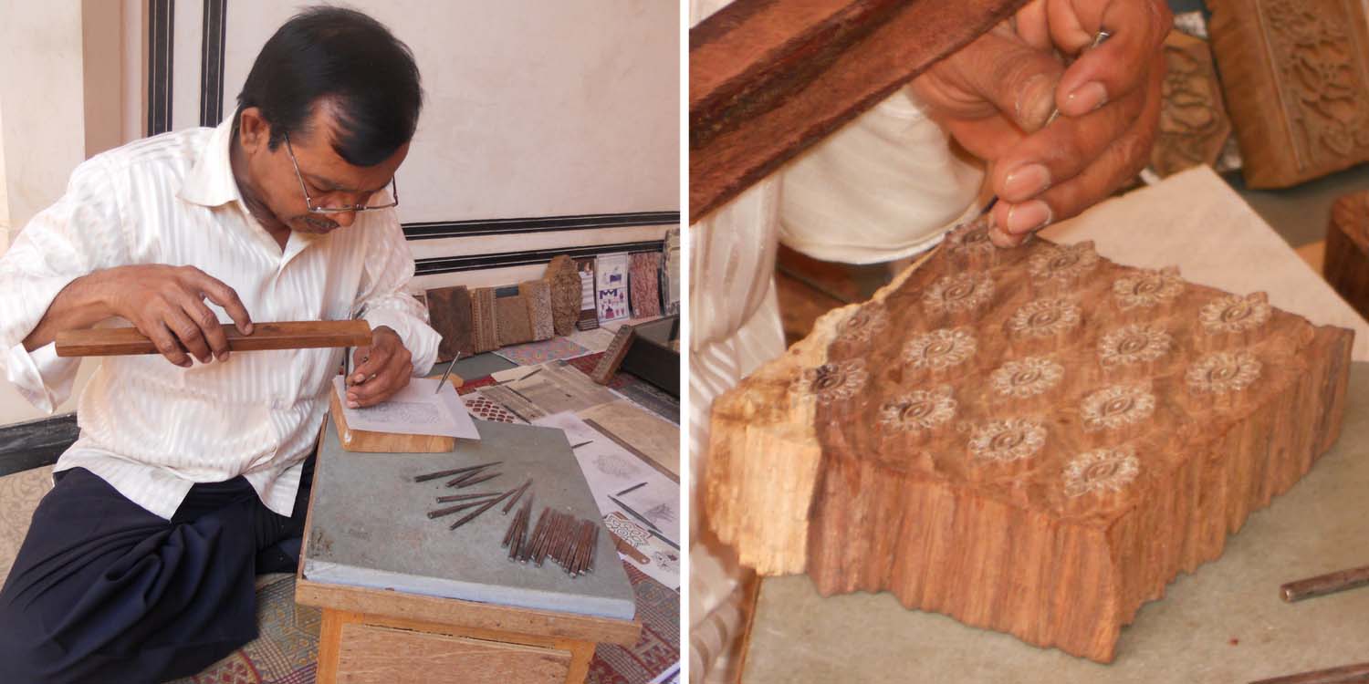 A skilled block carver engraving a detailed design into a wood block preparing for the block printing.
