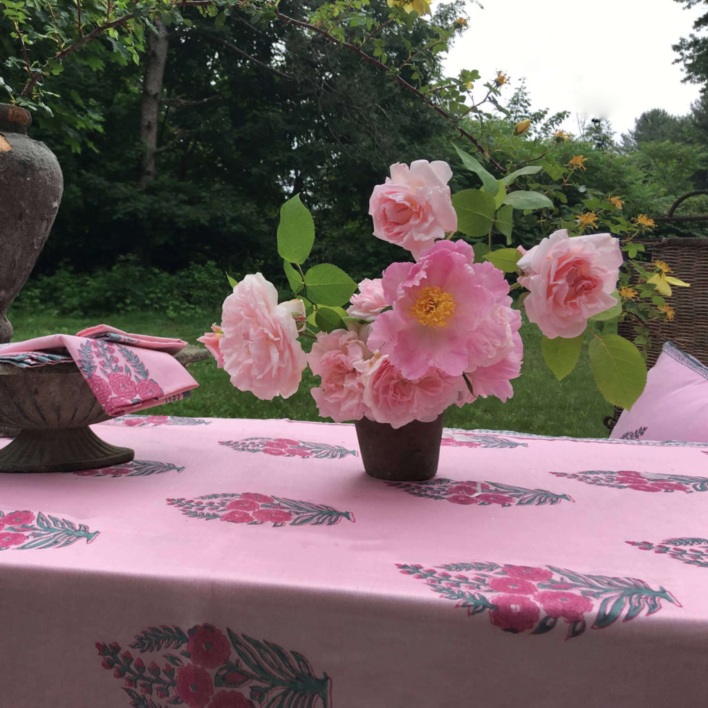 Roza silk-cotton block printed tablecloth - pink-teal