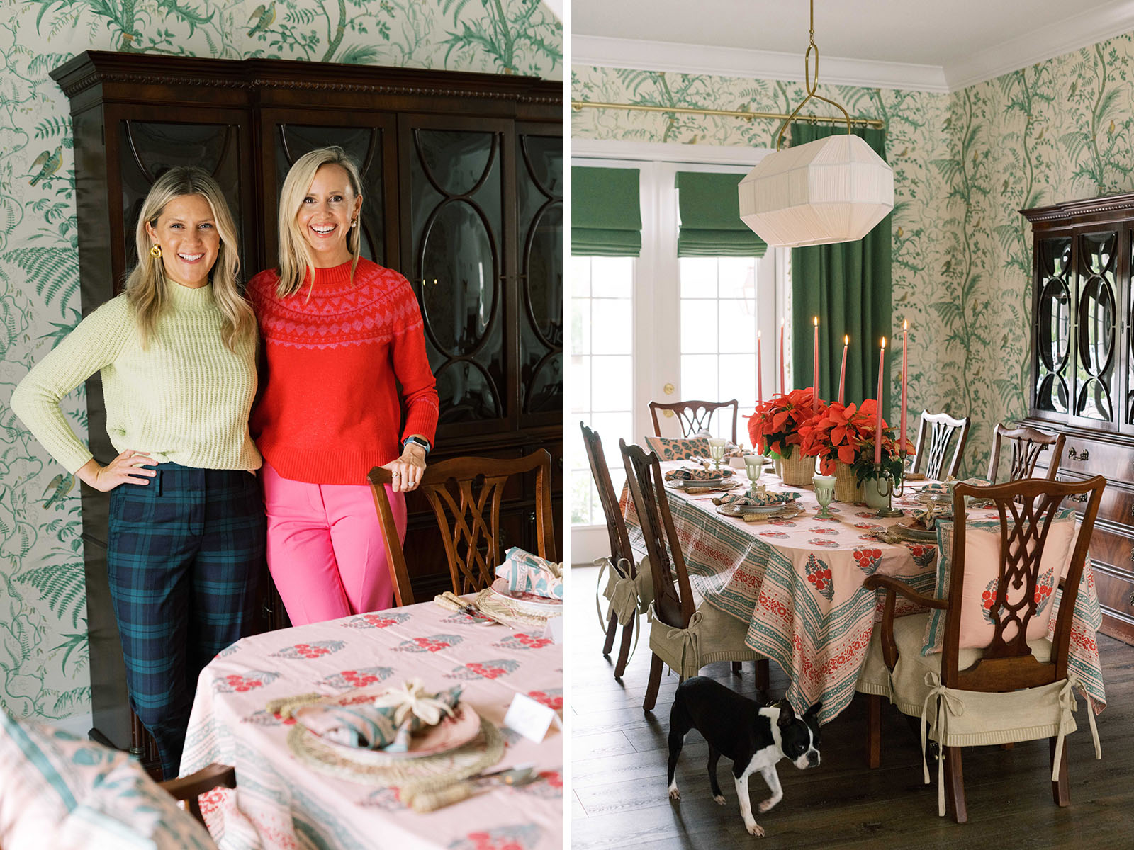 Sisters Molly Boyd and Sarah Tucker posing for a picture behind their holiday tablescape that features traditional Indian blockprinted tablecloth and napkins.