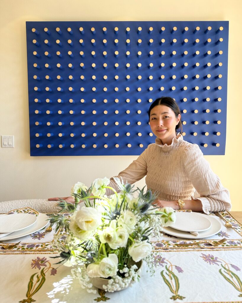 A sophisticated / tasteful table setting for Mother's Day luncheon styled by Kate Kim Shah with classic Indian block print runners, placemats and cloth napkins from Marigold Living