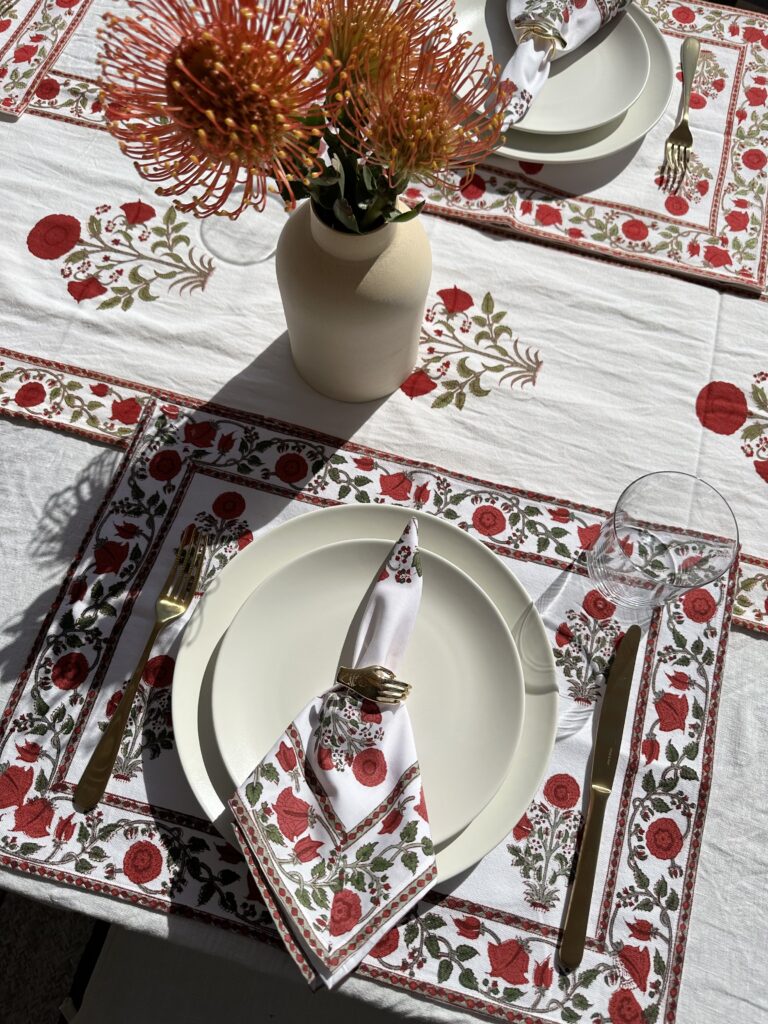 Red and White Floral Indian Block Print Table Runner, Placemats and Napkins