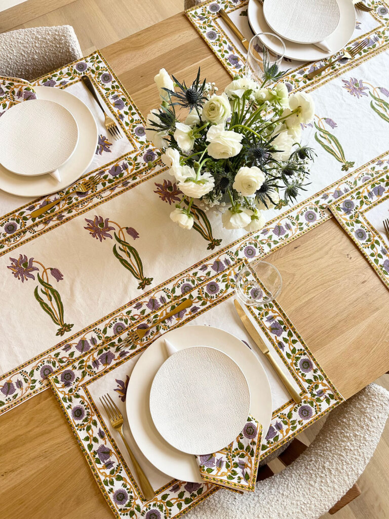 Elegant table setting for Mother's Day luncheon with Traditional Indian Block Print "Florence" runner, placemats and napkins