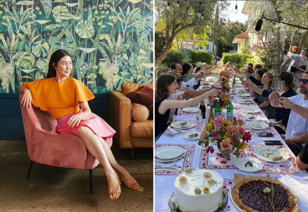 Kate Kim Shah on the Set of PBS' "Moveable Feast" featuring traditional Indian block print table runner, placemat and cloth napkins from Marigold Living