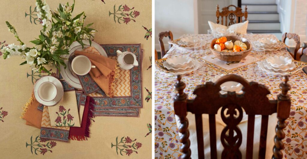 Thanksgiving-inspired tablecloths and napkins set for the holiday