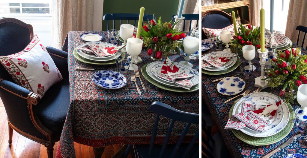 Thanksgiving table featuring block-printed tablecloth and napkins inspired by India