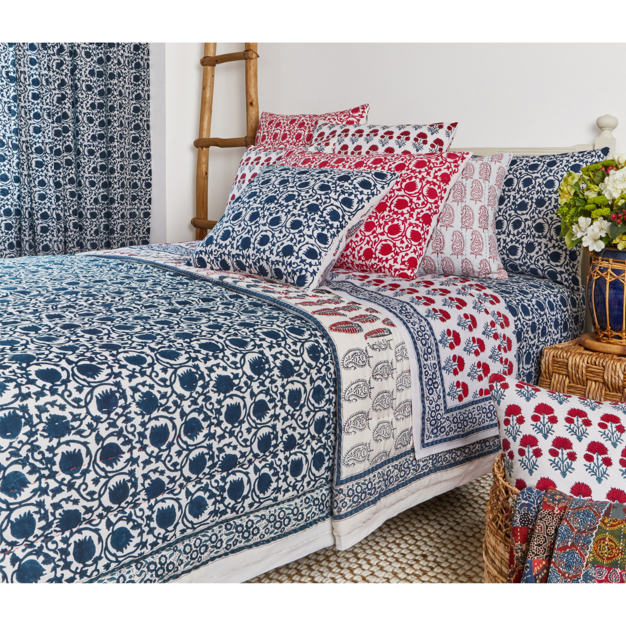 Red floral block print reversible quilt - Wildwood, Bude