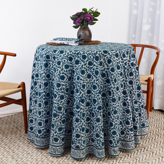 Moonlit Taj Turquoise Floral Round Tablecloth - 70 Inch, Indian Block Print, Cotton, Elegant Decor