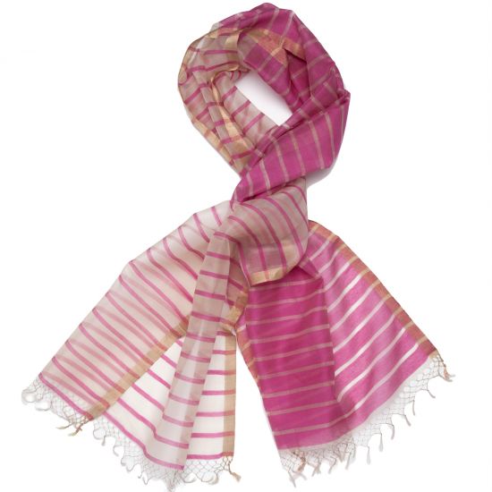 Silk Striped Scarf - Fuchsia/Pearl