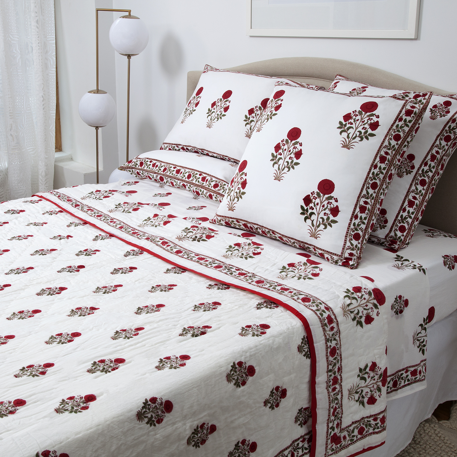 Red floral block print reversible quilt - Wildwood, Bude