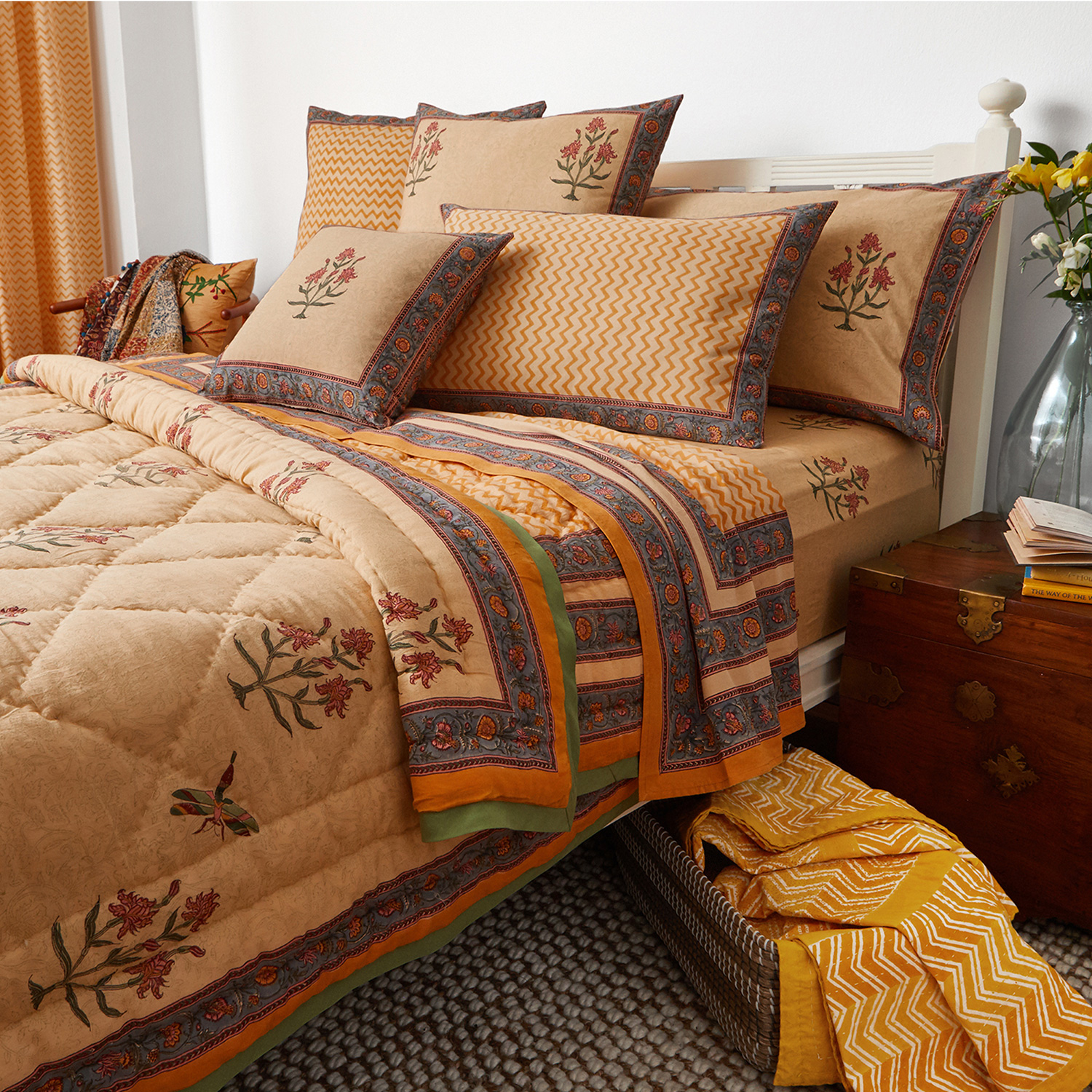 Multicolored Blue Sarjana Handicrafts Indian King Size Cotton Flat Bed Sheet Mandala Peacocks Bedspread Bedding