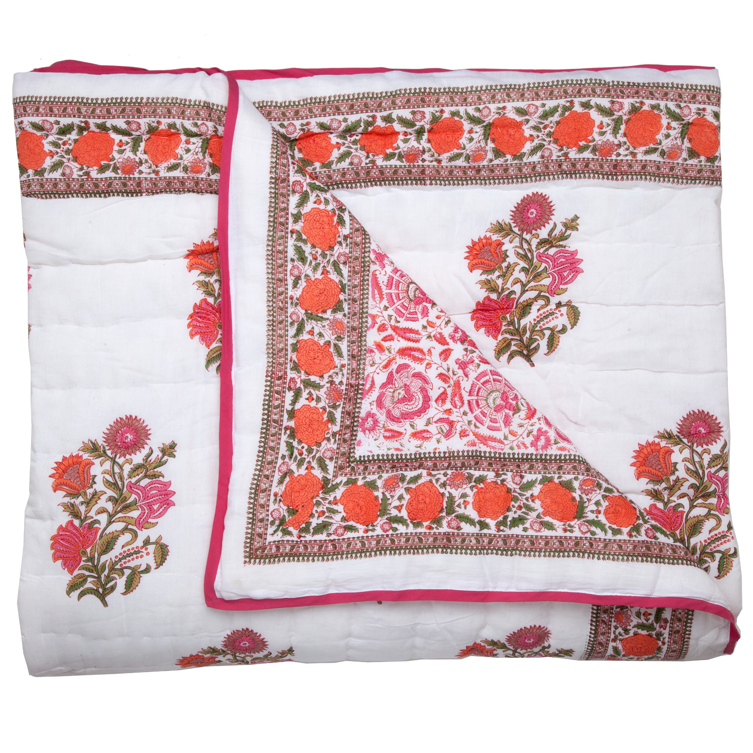 Pink/Orange Cotton Filled Reversible Quilt: Floral Block Print