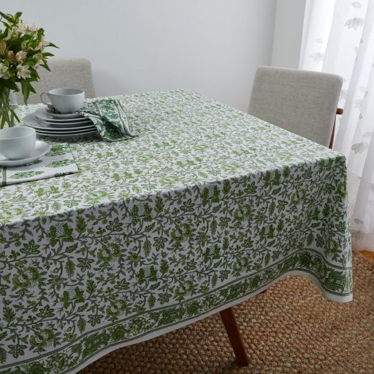 Block Printed Tablecloth, 100% Cotton, Handmade high quality in India, Green Pine Trees Print