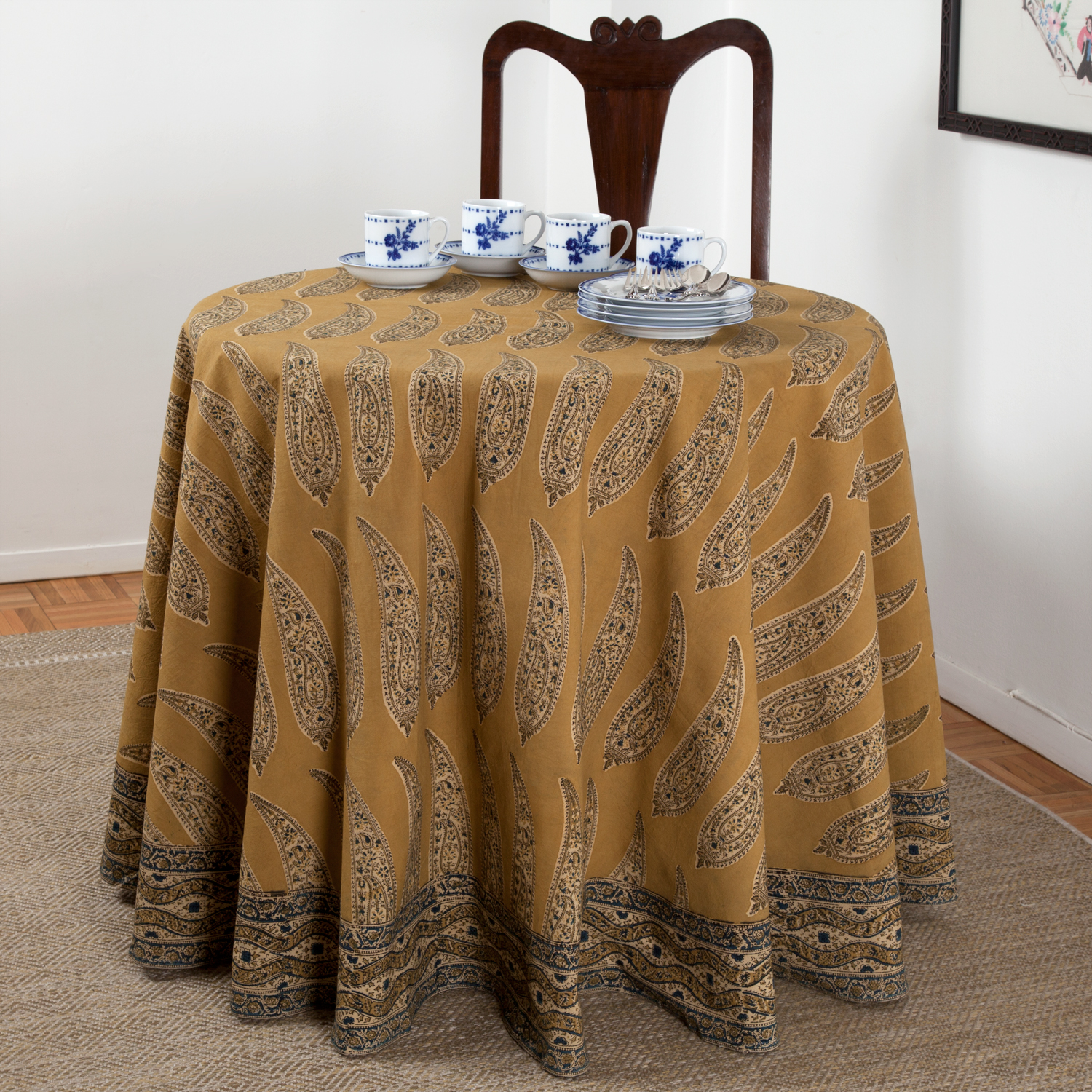 Long Andhra Paisley Round Tablecloth Mustard